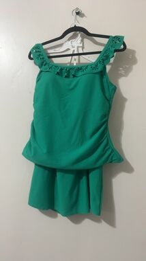 susan graver green 2-piece swimsuit tankini top & swim skirt size 12